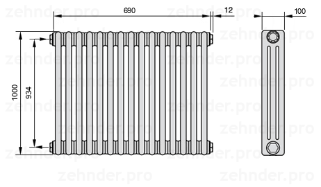 Схема (чертеж) Радиатор Zehnder Charleston 3100/15 №1270 Белый глянцевый RAL 9016